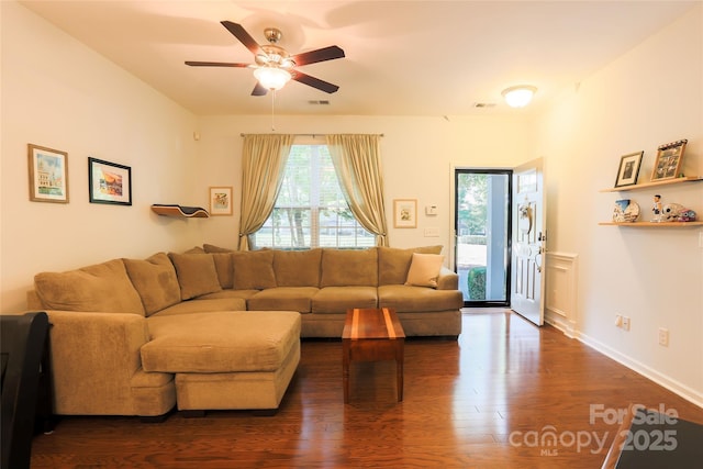 141 Leyton Loop Unit B, Mooresville, NC 28117 - living area featuring dark wood-style floors and a ceiling fan