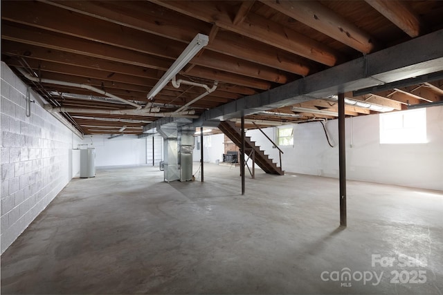 621 Big Lick Rd, Oakboro, NC 28129 - basement featuring stairs, a water softener, concrete block wall, and heating unit