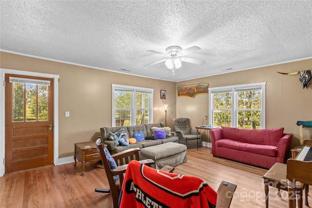 179 J And W Rd, Olin, NC 28660 - living area with light wood-style flooring, ceiling fan, a textured ceiling, and crown molding