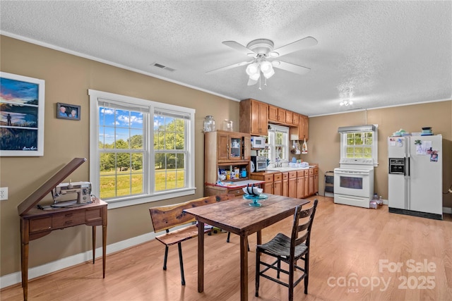 179 J And W Rd, Olin, NC 28660 - dining area featuring light wood-type flooring, a textured ceiling, ceiling fan, and crown molding