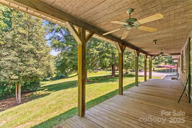 179 J And W Rd, Olin, NC 28660 - wooden deck featuring a ceiling fan and a lawn