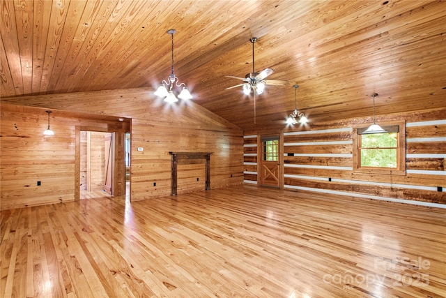 179 J And W Rd, Olin, NC 28660 - additional living space featuring lofted ceiling, hardwood / wood-style floors, wooden ceiling, a chandelier, and wood walls
