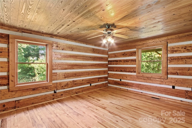 179 J And W Rd, Olin, NC 28660 - spare room with healthy amount of natural light, wood ceiling, wood walls, a ceiling fan, and hardwood / wood-style flooring
