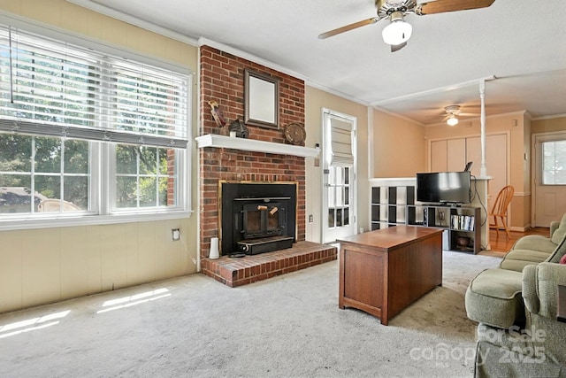 11100 Painted Tree Rd, Charlotte, NC 28226 - living room featuring a ceiling fan, ornamental molding, and carpet flooring