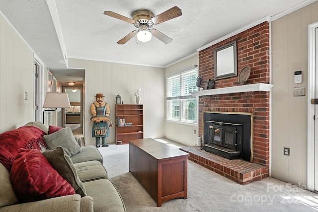 11100 Painted Tree Rd, Charlotte, NC 28226 - living area with a ceiling fan, light carpet, crown molding, a textured ceiling, and wooden walls