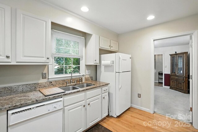 11100 Painted Tree Rd, Charlotte, NC 28226 - kitchen featuring white appliances, white cabinetry, stone countertops, light wood-style floors, and recessed lighting