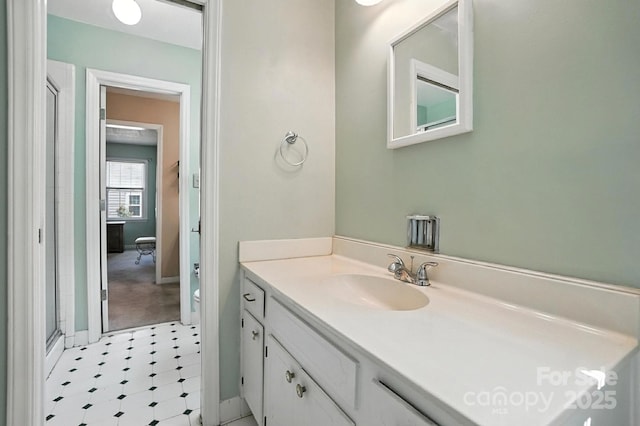 11100 Painted Tree Rd, Charlotte, NC 28226 - bathroom with vanity, a stall shower, and tile patterned floors