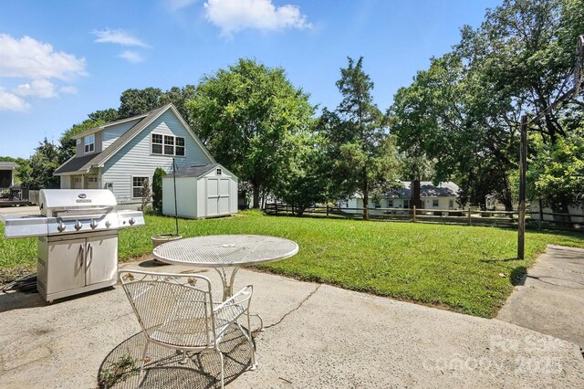 11100 Painted Tree Rd, Charlotte, NC 28226 - view of yard featuring a storage shed and a patio
