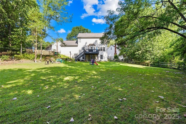 7410 Derby Meadows Ct, Charlotte, NC 28216 - view of yard with stairway and a wooden deck