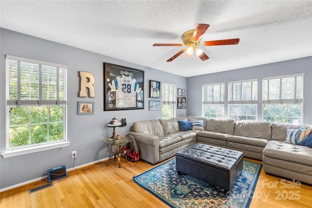 7410 Derby Meadows Ct, Charlotte, NC 28216 - living area with healthy amount of natural light, a ceiling fan, a textured ceiling, and wood finished floors