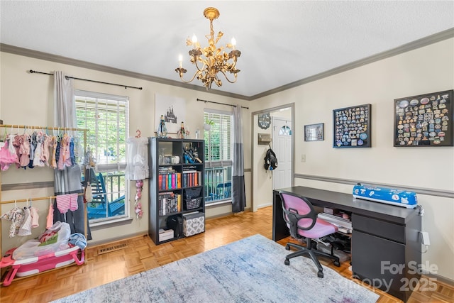 7410 Derby Meadows Ct, Charlotte, NC 28216 - office featuring crown molding, a chandelier, and a textured ceiling