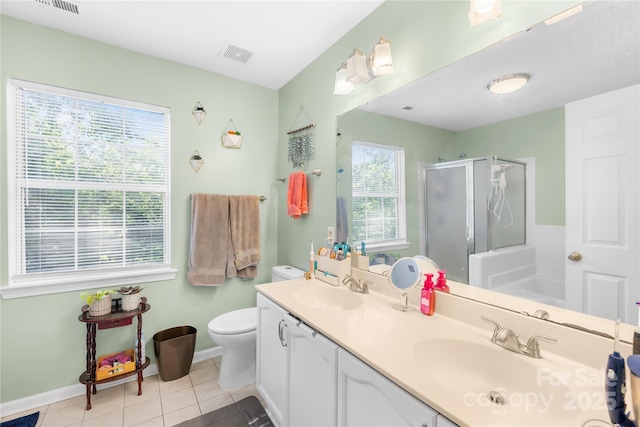 7410 Derby Meadows Ct, Charlotte, NC 28216 - full bathroom featuring a stall shower, double vanity, and tile patterned flooring