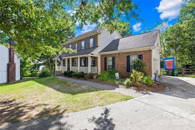 7410 Derby Meadows Ct, Charlotte, NC 28216 - view of front of home featuring covered porch, brick siding, a front lawn, asphalt driveway, and a garage
