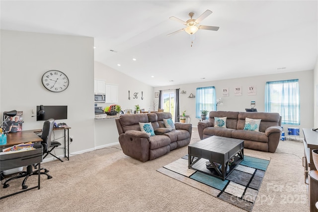 226 Caley St, Kings Mountain, NC 28086 - living room with vaulted ceiling, an office area, ceiling fan, light carpet, and recessed lighting