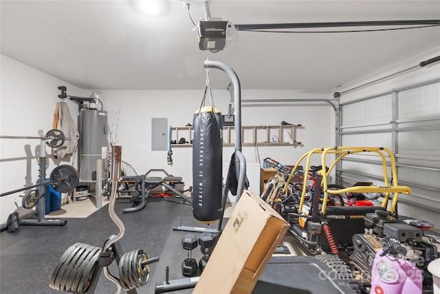 226 Caley St, Kings Mountain, NC 28086 - workout room featuring water heater, electric panel, and a garage