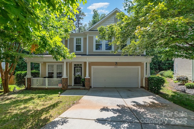 9836 Coatbridge Dr NW, Charlotte, NC 28269 - view of front of property featuring covered porch, an attached garage, concrete driveway, brick siding, and a front yard