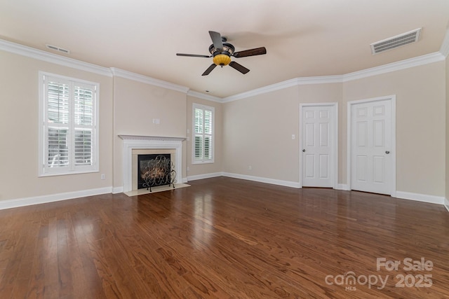 9836 Coatbridge Dr NW, Charlotte, NC 28269 - unfurnished living room with ceiling fan, dark wood finished floors, ornamental molding, and a high end fireplace