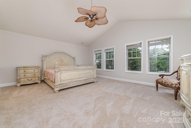 9836 Coatbridge Dr NW, Charlotte, NC 28269 - bedroom with light colored carpet, ceiling fan, and high vaulted ceiling