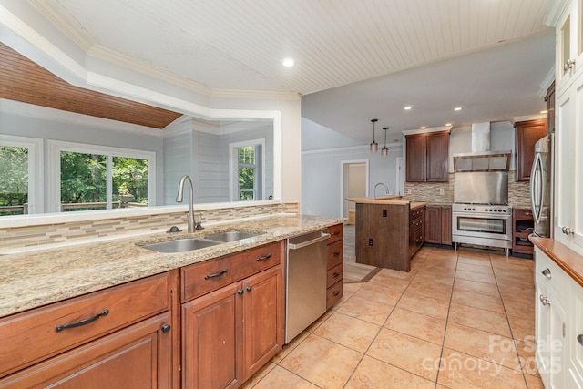 6225 Ash Cove Ln, Charlotte, NC 28269 - kitchen featuring wall chimney exhaust hood, appliances with stainless steel finishes, backsplash, light tile patterned floors, and light stone countertops