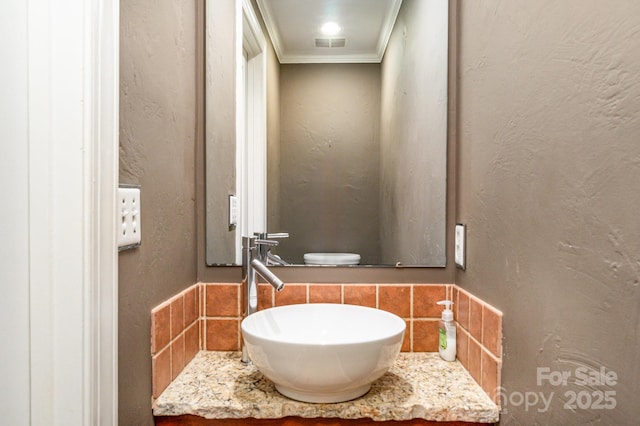 6225 Ash Cove Ln, Charlotte, NC 28269 - half bathroom with backsplash, crown molding, a textured wall, and vanity