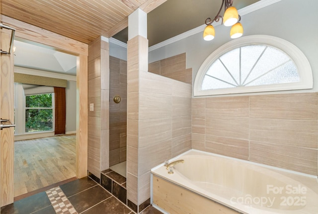 6225 Ash Cove Ln, Charlotte, NC 28269 - full bath with a bath, crown molding, tile patterned floors, and walk in shower