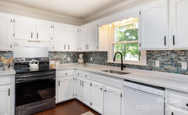 1631 Amanda Ln, Rock Hill, SC 29730 - kitchen featuring dishwasher, stainless steel electric range oven, under cabinet range hood, white cabinets, and crown molding