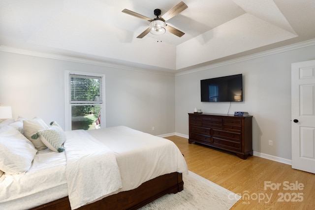 1631 Amanda Ln, Rock Hill, SC 29730 - bedroom with light wood-style flooring, a tray ceiling, crown molding, and ceiling fan
