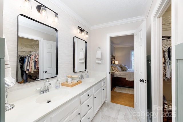 1631 Amanda Ln, Rock Hill, SC 29730 - bathroom with ensuite bathroom, a walk in closet, double vanity, ornamental molding, and marble look tile flooring