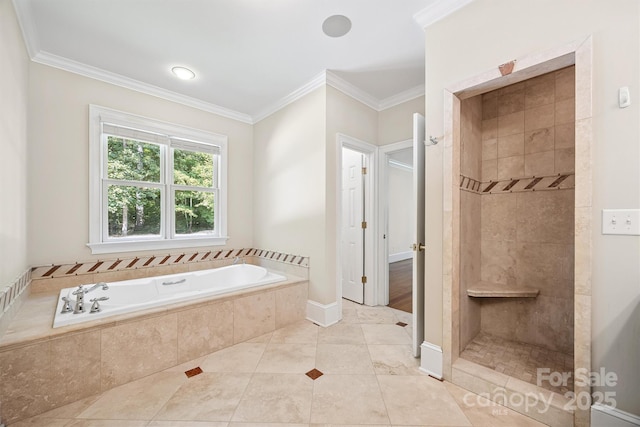 20308 Ridgebrook Ln, Locust, NC 28097 - bathroom featuring a bath, a tile shower, ornamental molding, and tile patterned flooring