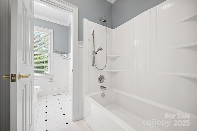 20308 Ridgebrook Ln, Locust, NC 28097 - bathroom with crown molding, tile patterned floors, washtub / shower combination, and wainscoting