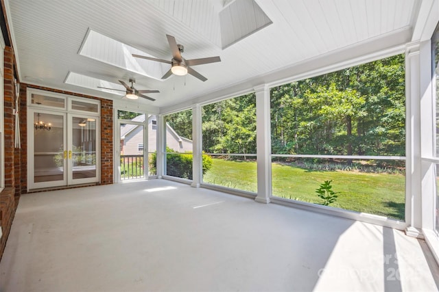 20308 Ridgebrook Ln, Locust, NC 28097 - unfurnished sunroom featuring ceiling fan, a skylight, and french doors