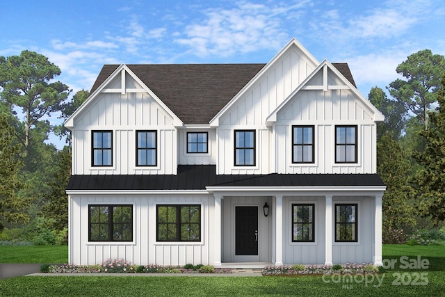 11334 James Coy Rd, Davidson, NC 28036 - modern inspired farmhouse with a standing seam roof, board and batten siding, a shingled roof, and covered porch