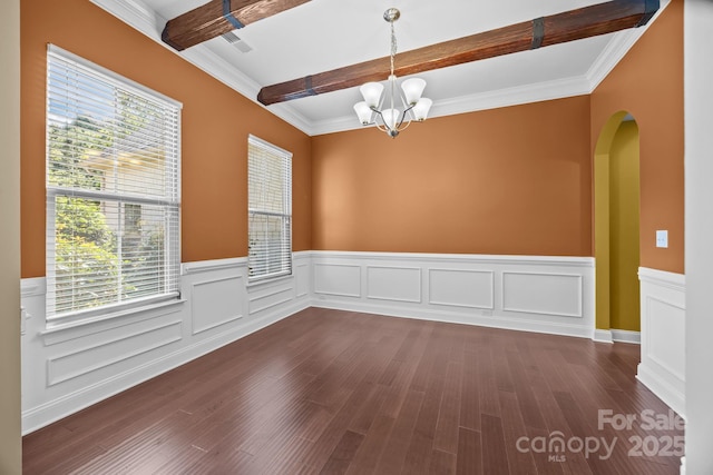 113 Chaska Loop, Troutman, NC 28166 - unfurnished room featuring beamed ceiling, a chandelier, a wainscoted wall, dark wood-type flooring, and arched walkways