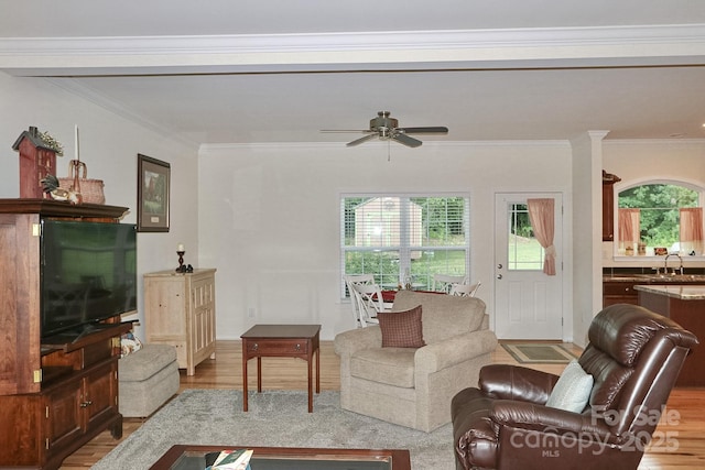 485 Calloway Rd, Lowgap, NC 27024 - living area featuring light wood finished floors, a ceiling fan, plenty of natural light, and ornamental molding
