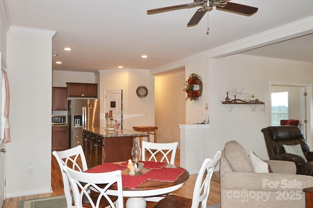 485 Calloway Rd, Lowgap, NC 27024 - dining room featuring a ceiling fan, light wood-style flooring, ornamental molding, and recessed lighting