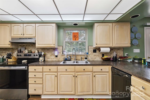 3149 Simmons St, Kannapolis, NC 28083 - kitchen featuring electric stove, black dishwasher, under cabinet range hood, light brown cabinets, and dark countertops