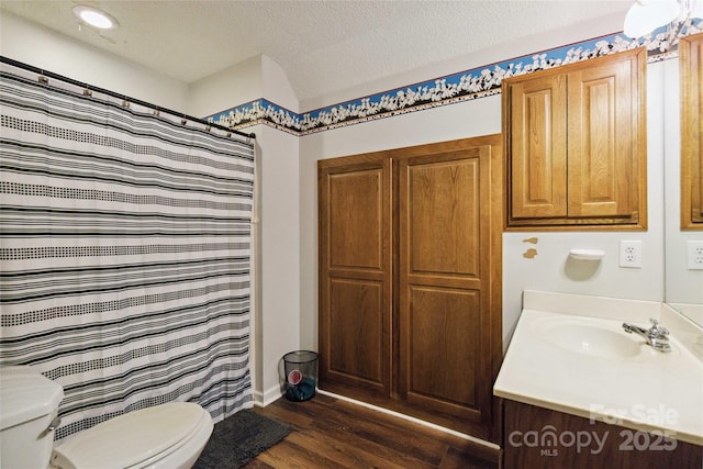 3149 Simmons St, Kannapolis, NC 28083 - full bath featuring vanity, wood finished floors, a textured ceiling, and curtained shower