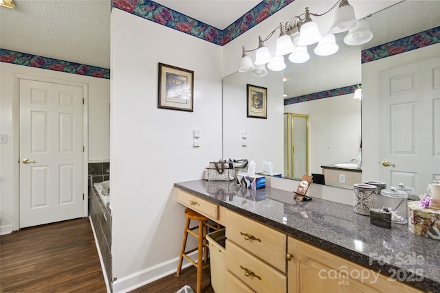 3149 Simmons St, Kannapolis, NC 28083 - bathroom with vanity, wood finished floors, a bath, and a shower stall