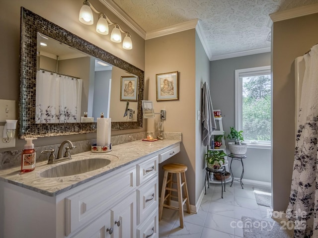 7376 NC-181 Hwy, Morganton, NC 28655 - full bath featuring marble finish floors, vanity, and ornamental molding