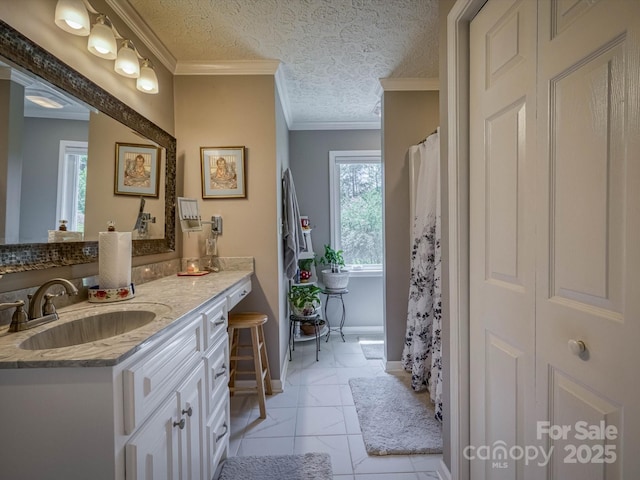 7376 NC-181 Hwy, Morganton, NC 28655 - full bath featuring ornamental molding, vanity, a textured ceiling, and marble finish flooring