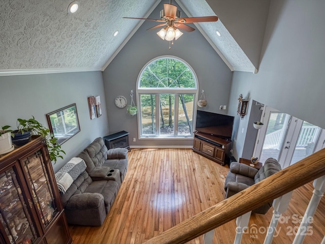 7376 NC-181 Hwy, Morganton, NC 28655 - living room featuring ceiling fan, light wood-type flooring, and lofted ceiling