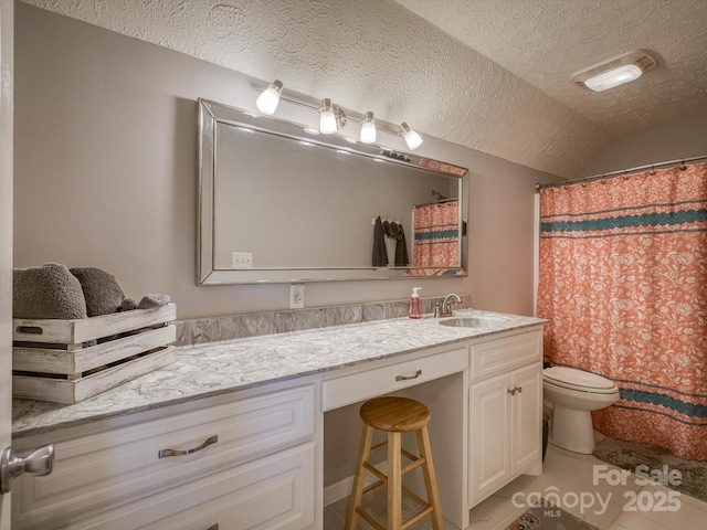 7376 NC-181 Hwy, Morganton, NC 28655 - full bath featuring vanity, a textured ceiling, tile patterned floors, lofted ceiling, and curtained shower