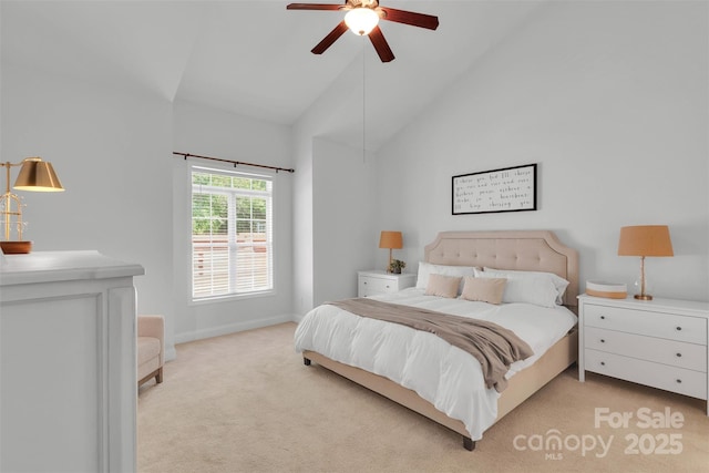 20234 Middletown Rd, Cornelius, NC 28031 - bedroom featuring light colored carpet, high vaulted ceiling, and ceiling fan