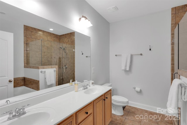 20234 Middletown Rd, Cornelius, NC 28031 - full bathroom with tiled shower, double vanity, tile patterned flooring, and a bath