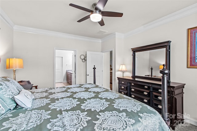 117 Cup Chase Dr, Mooresville, NC 28115 - bedroom featuring ornamental molding, ceiling fan, and connected bathroom