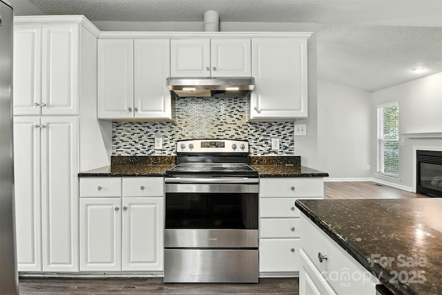 824 17th Avenue Dr SE, Hickory, NC 28602 - kitchen featuring stainless steel range with electric cooktop, under cabinet range hood, wood finished floors, backsplash, and a textured ceiling