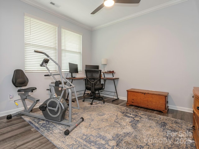 1711 Woodend Dr, Indian Trail, NC 28079 - home office with wood finished floors, ceiling fan, and ornamental molding