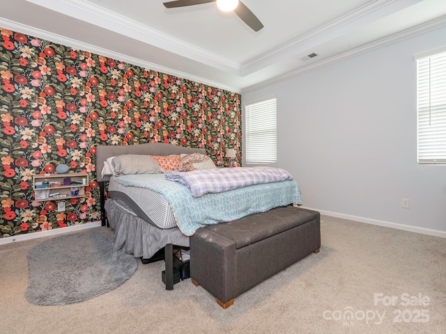 1711 Woodend Dr, Indian Trail, NC 28079 - carpeted bedroom featuring crown molding, wallpapered walls, and a ceiling fan
