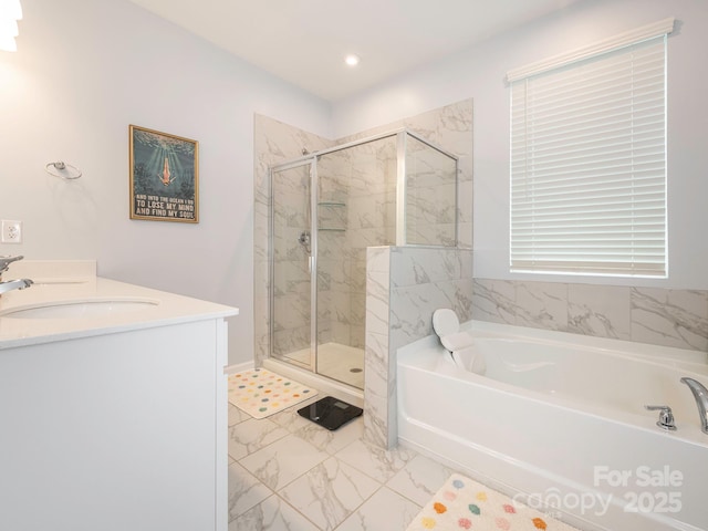 1711 Woodend Dr, Indian Trail, NC 28079 - full bath featuring a bath, a marble finish shower, marble finish floors, and double vanity