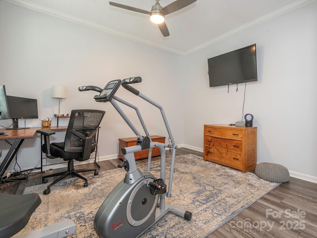 1711 Woodend Dr, Indian Trail, NC 28079 - workout room featuring a ceiling fan, ornamental molding, and wood finished floors